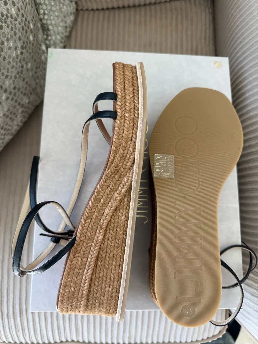Jimmy Choo Drive 60 Leather Strappy Espadrille Wedge Sandal Black 37.5 7.5 New